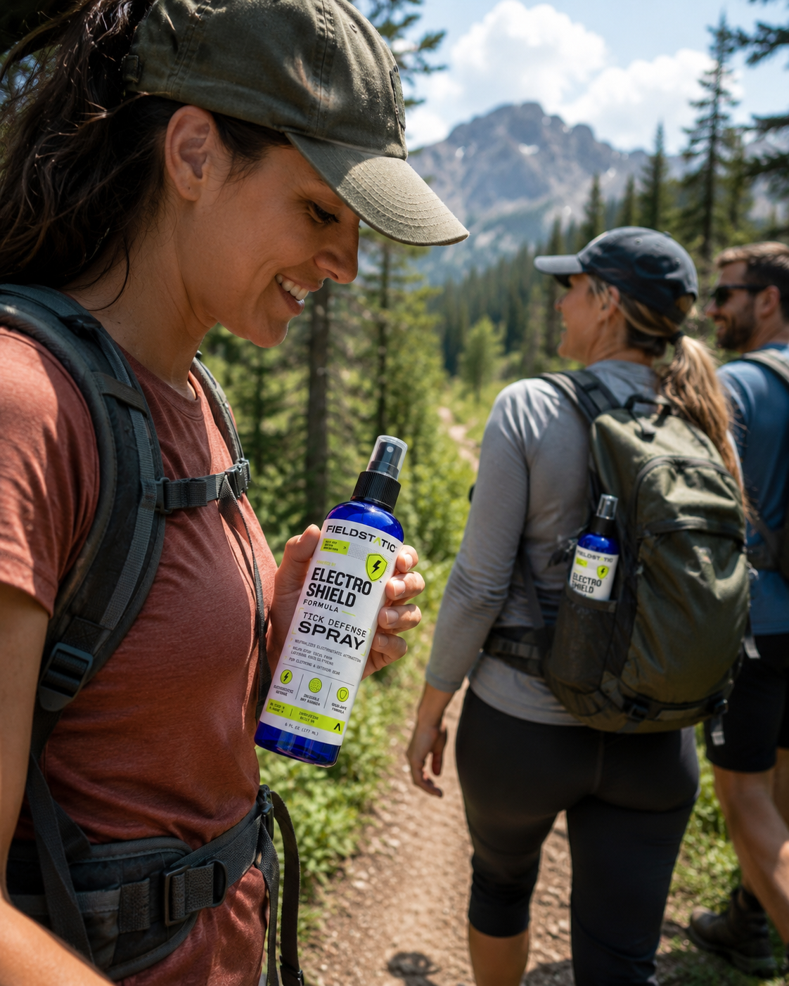 Hiker on a mountain trail holding a Fieldstatic Electro Shield bottle, with two more hikers ahead