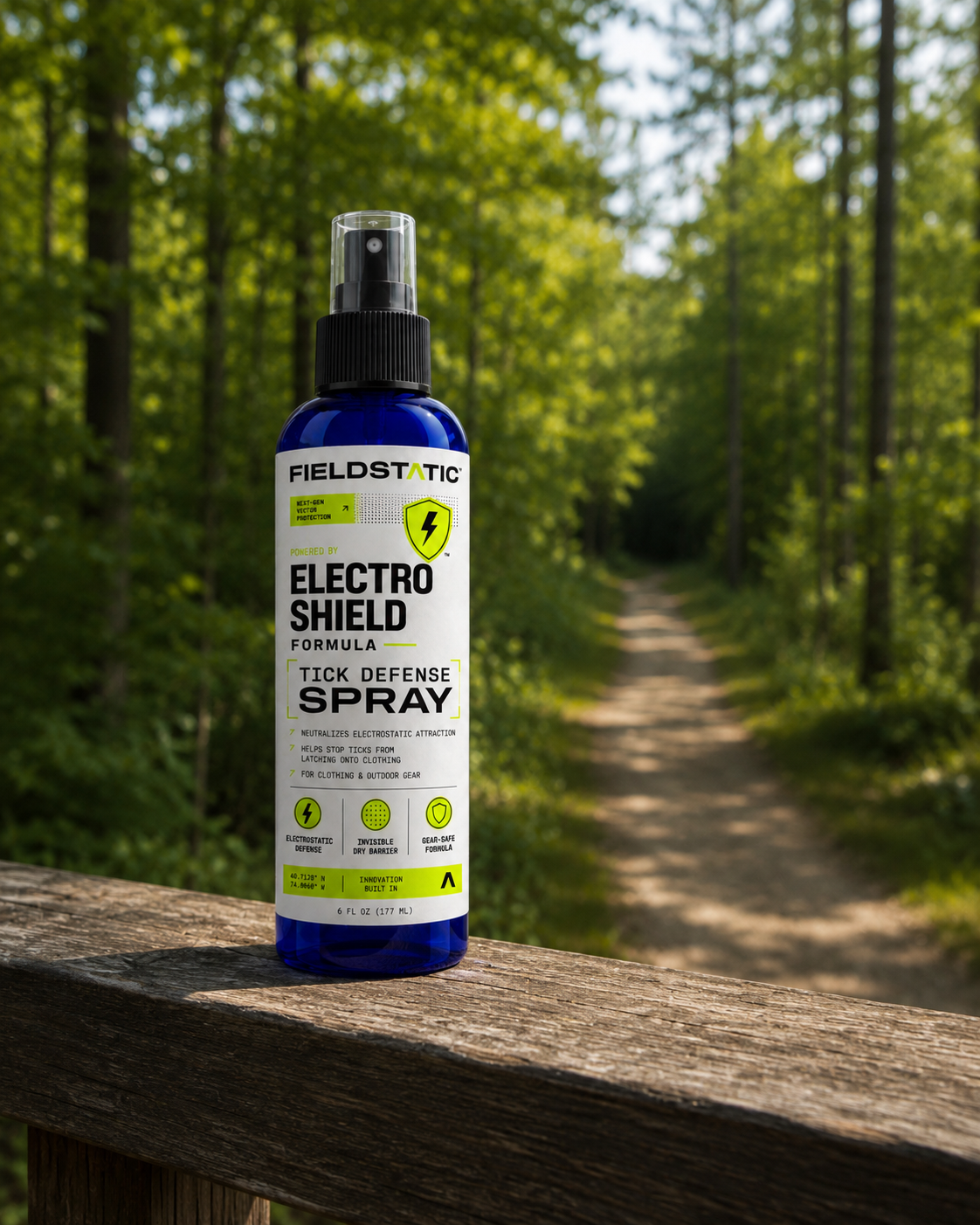 Fieldstatic Electro Shield spray bottle resting on a wooden railing along a sunlit forest trail