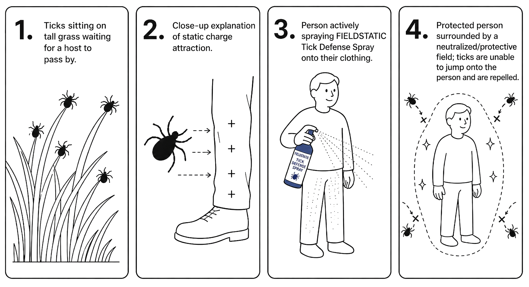 Four-panel diagram: ticks wait on grass, detect static charge, person sprays Fieldstatic, ticks are repelled by a neutralized field